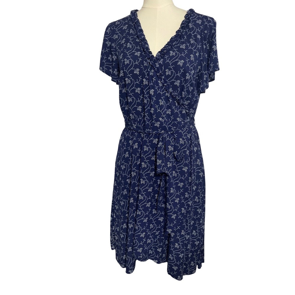 LOFT Navy Blue Floral Wrap Dress Women Size 6 Ruffle V-Neck Short Sleeve